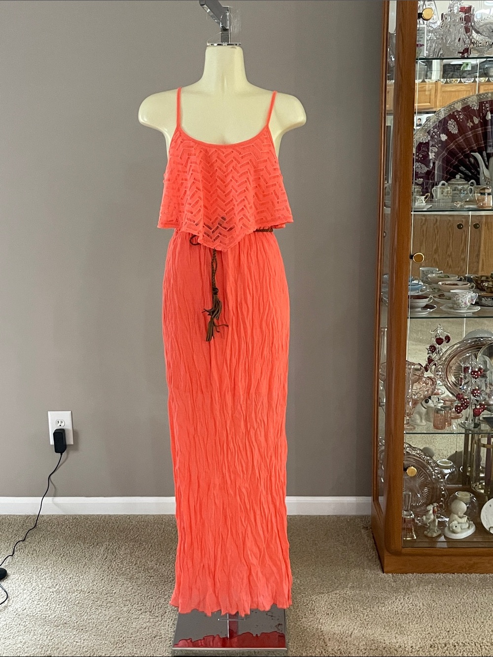 Trixxi Coral Spaghetti-Strap Maxi Dress with Waist Tie  EUC